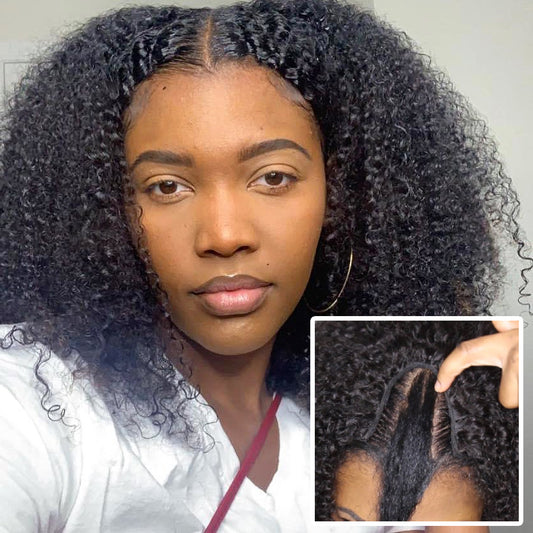 U Part Glueless Kinky Curly Human Hair Wig