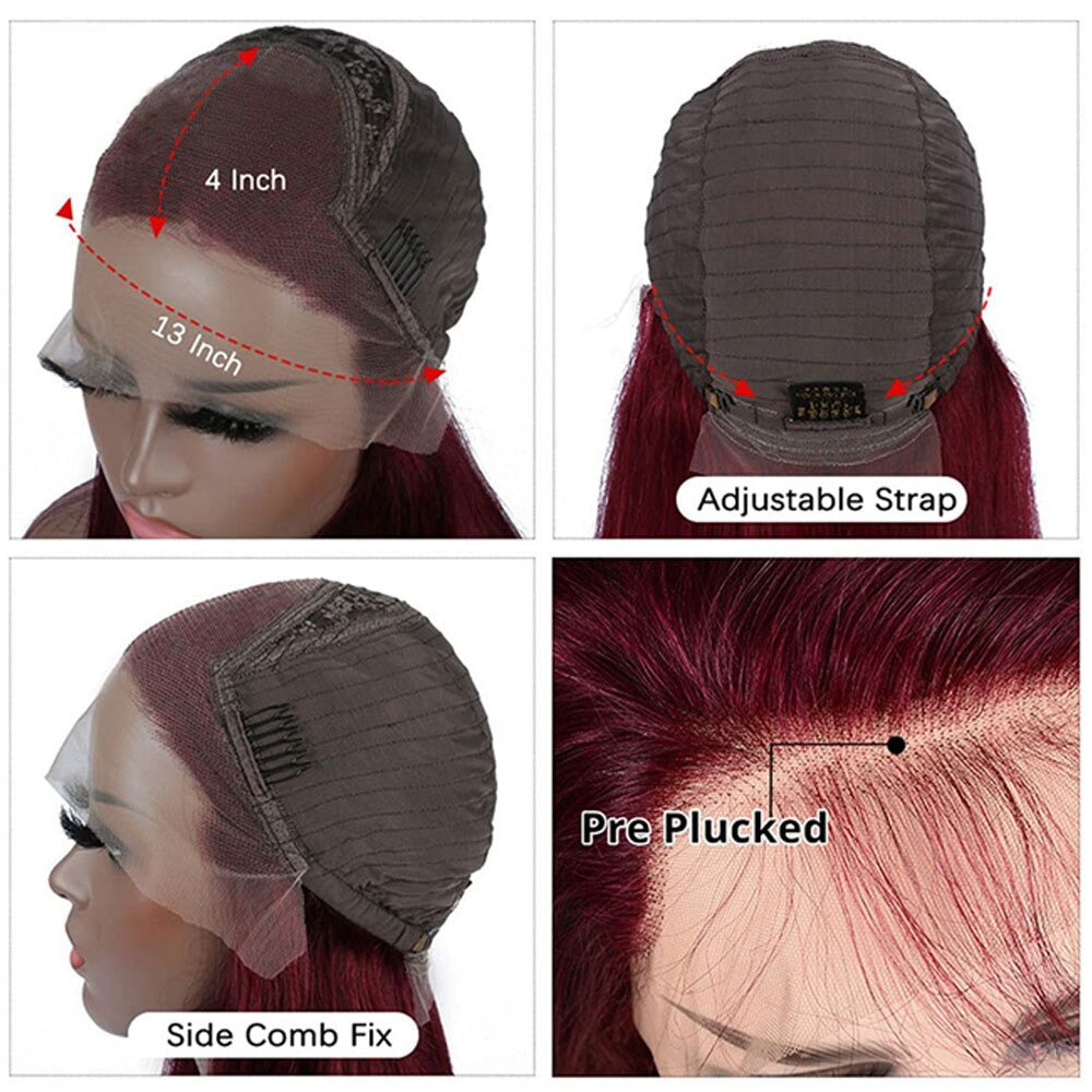 BURGUNDY 99J RED Straight PRE-PLUCKED LACE FRONT HUMAN HAIR WIG