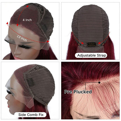 BURGUNDY 99J RED Straight PRE-PLUCKED LACE FRONT HUMAN HAIR WIG