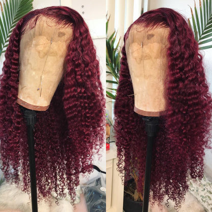 BURGUNDY 99J RED CURLY PRE-PLUCKED LACE FRONT HUMAN HAIR WIG