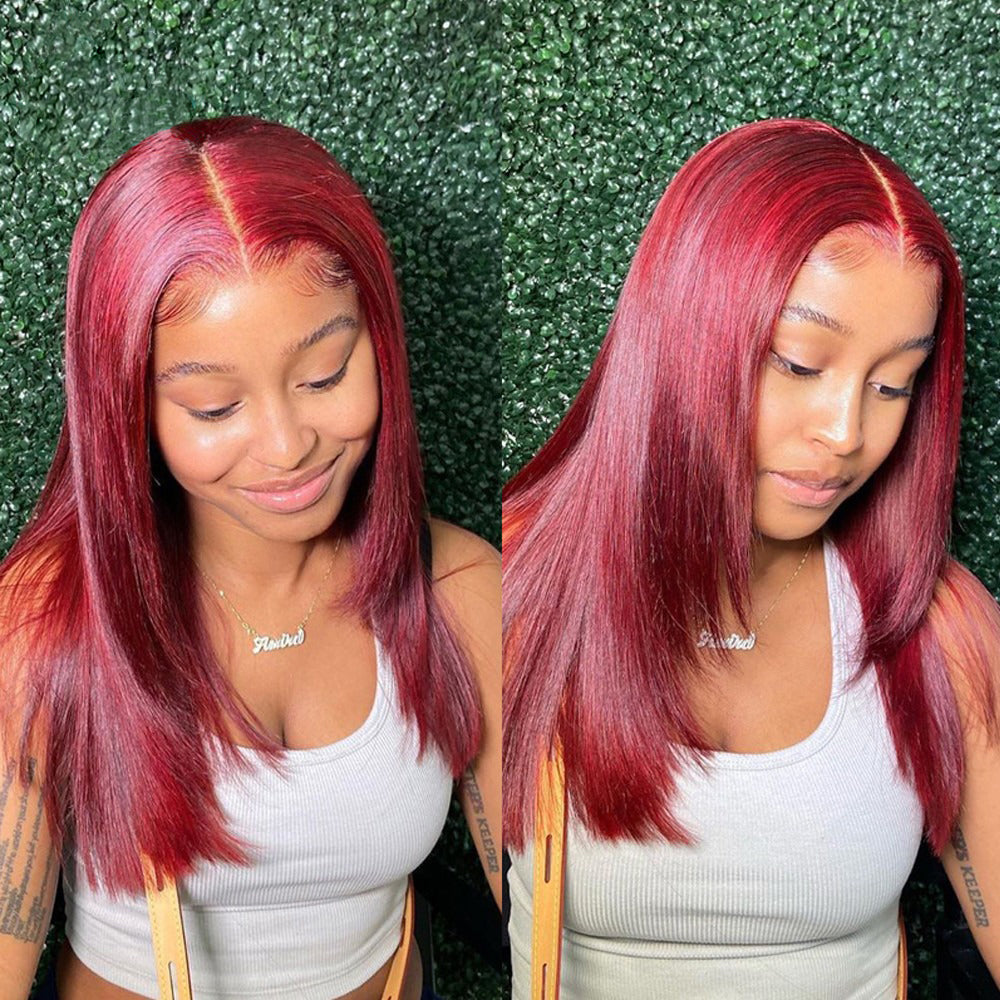 BURGUNDY 99J RED Straight PRE-PLUCKED LACE FRONT HUMAN HAIR WIG