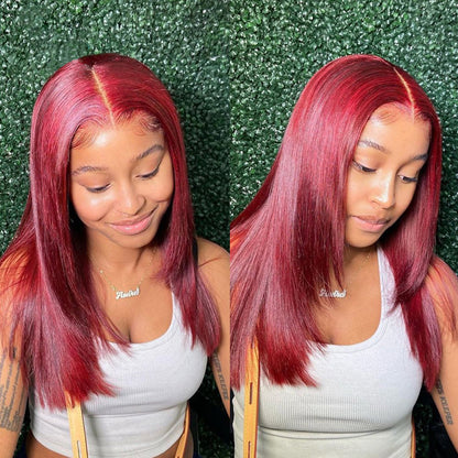 BURGUNDY 99J RED Straight PRE-PLUCKED LACE FRONT HUMAN HAIR WIG