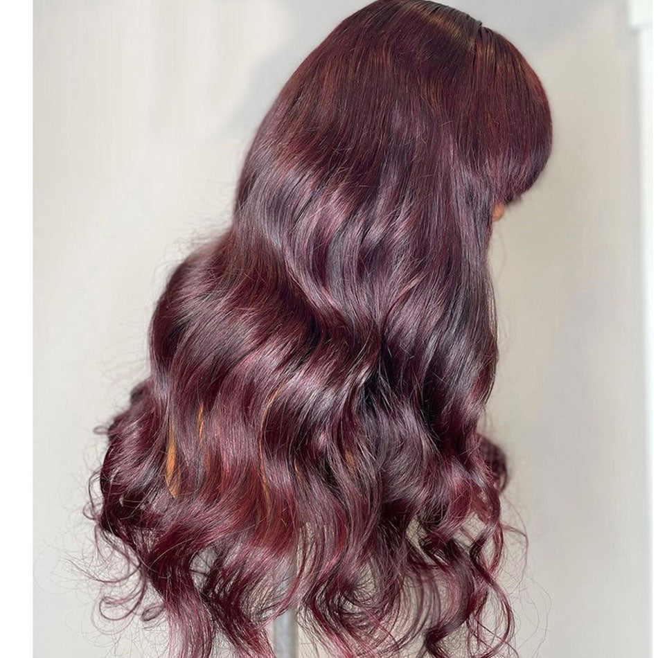 13x4 PRE-PLUCKED BURGUNDY BODY WAVE HUMAN HAIR LACE FRONT WIG WITH BANG