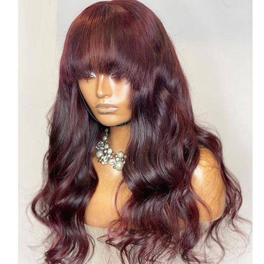 13x4 PRE-PLUCKED BURGUNDY BODY WAVE HUMAN HAIR LACE FRONT WIG WITH BANG