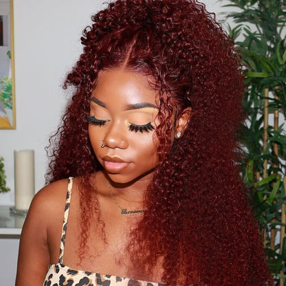 BURGUNDY 99J RED CURLY PRE-PLUCKED LACE FRONT HUMAN HAIR WIG