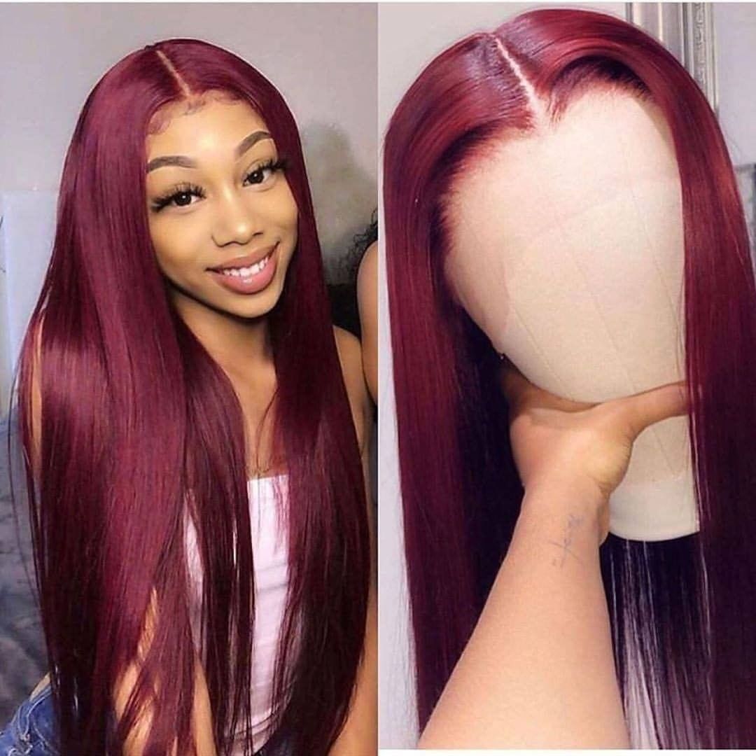 BURGUNDY 99J RED Straight PRE-PLUCKED LACE FRONT HUMAN HAIR WIG